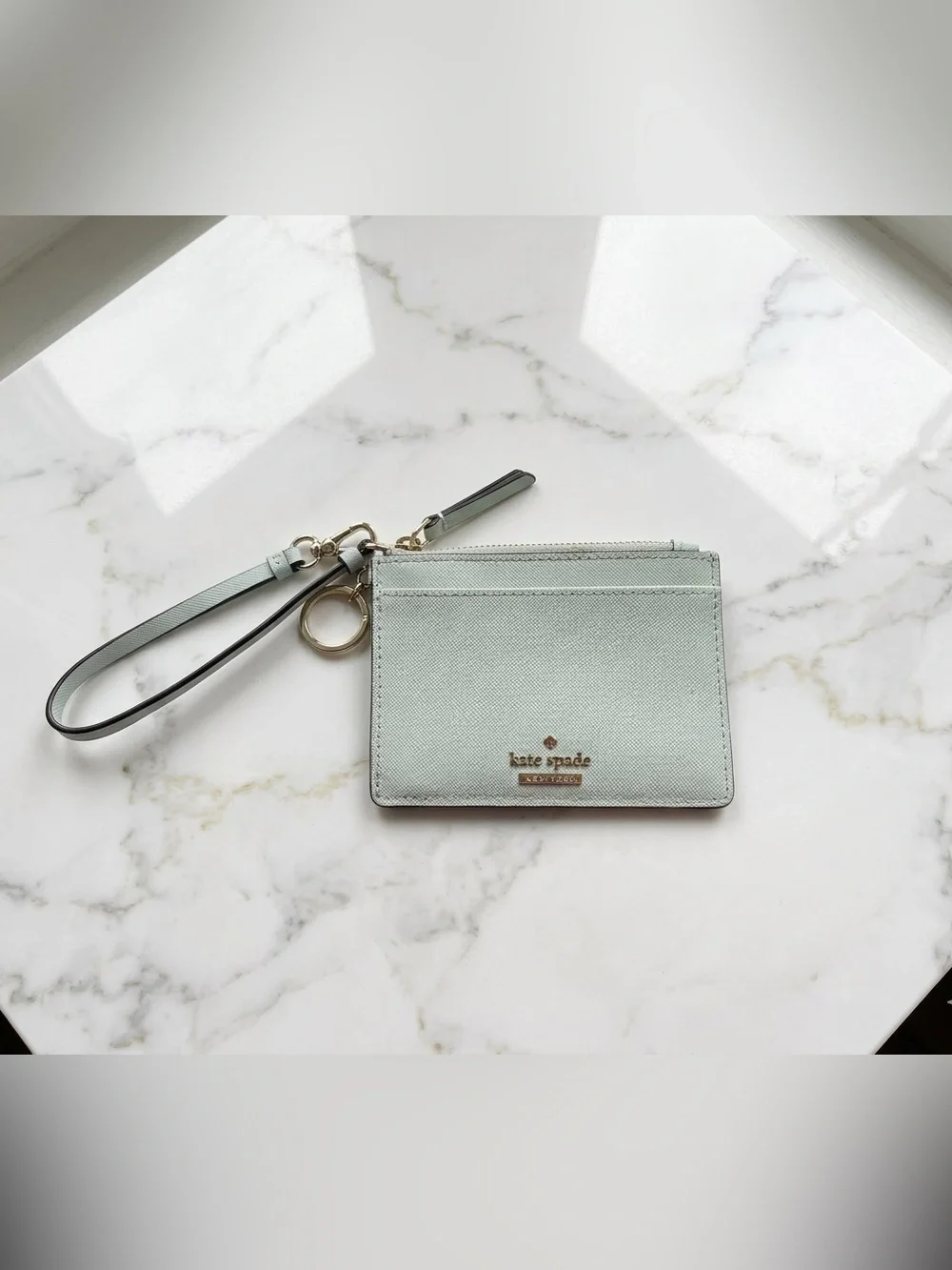 kate spade pale mint leather wristlet cardholder with key ring